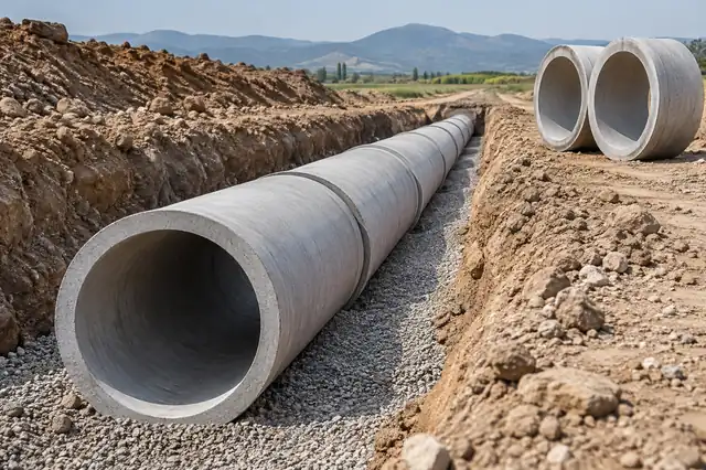 Granüler yatakta birbirine eklenmiş beton kanalizasyon boruları; temsili görsel