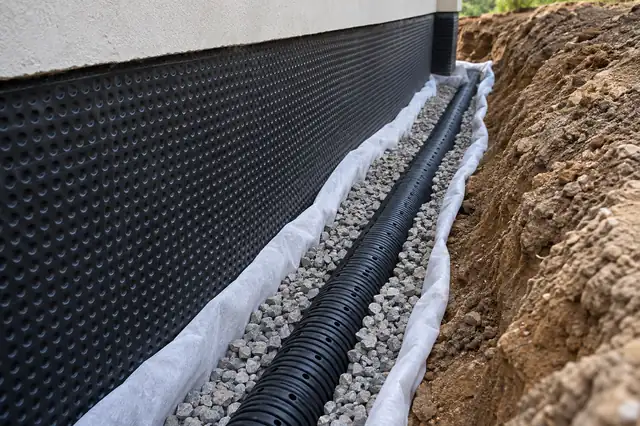 Bina dış duvarı yanında mıcır ve geotekstil içindeki delikli drenaj borusu; temsili görsel