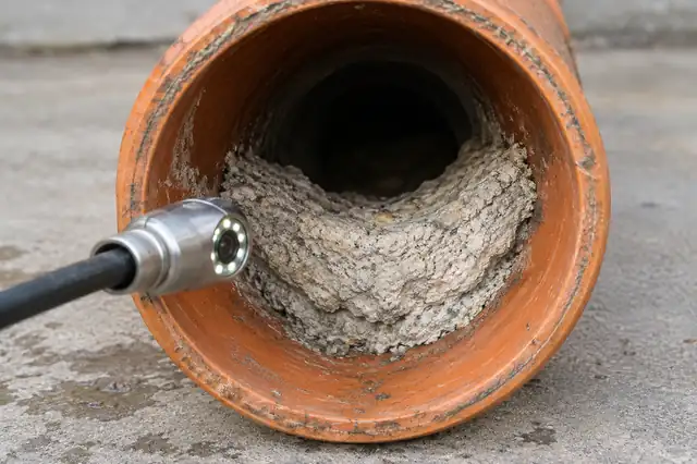 Boru içinde görülen sert harç birikintisi ve inceleme kamerası; temsili görsel