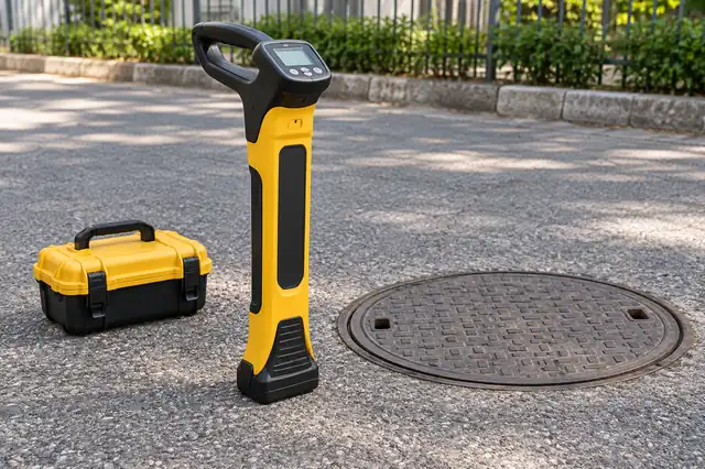 Kapalı rögar yakınında yüzeyden konum tespiti için kullanılan elektronik alıcı; temsili görsel