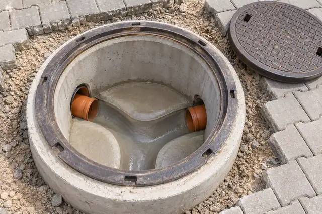 Beton kontrol bacasında giriş çıkış boruları, taban kanalı ve kapak; temsili görsel