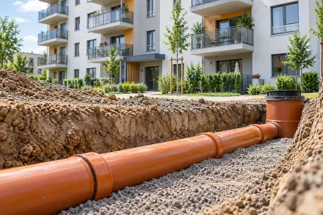 Apartman: kanalizasyon borusu döşeme; arka planda ilgili yapının görüldüğü temsili görsel