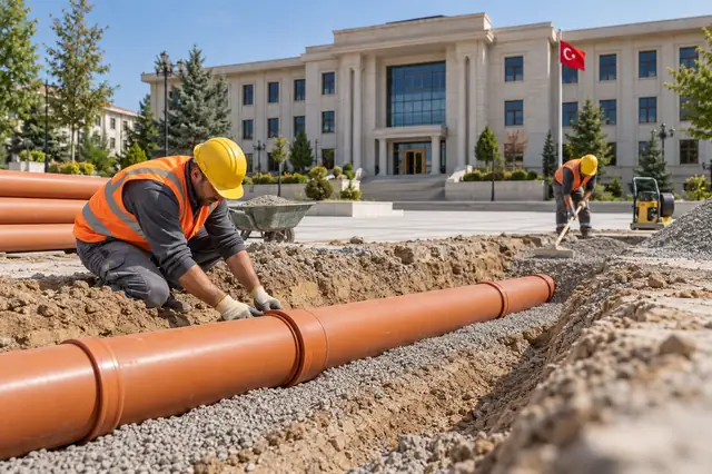 Kamu binası: kanalizasyon borusu döşeme; arka planda ilgili yapının görüldüğü temsili görsel