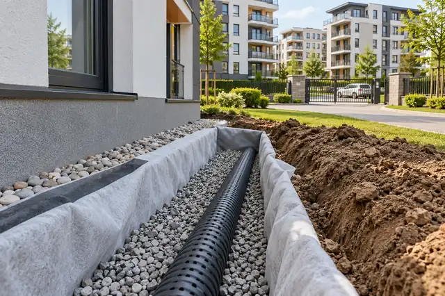 Konut sitesi: drenaj uygulaması; arka planda ilgili yapının görüldüğü temsili görsel