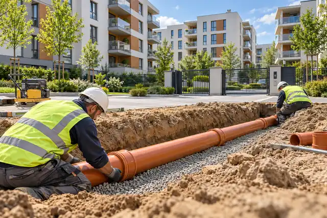 Konut sitesi: kanalizasyon borusu döşeme; arka planda ilgili yapının görüldüğü temsili görsel