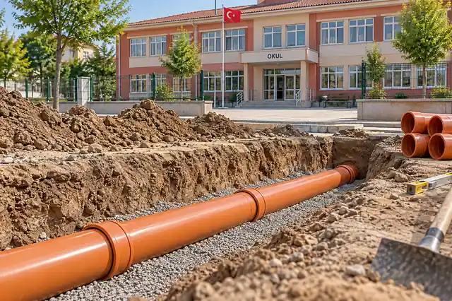 Okul: kanalizasyon borusu döşeme; arka planda ilgili yapının görüldüğü temsili görsel