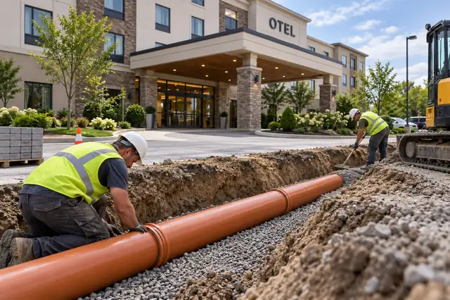 Otel: kanalizasyon borusu döşeme; arka planda ilgili yapının görüldüğü temsili görsel