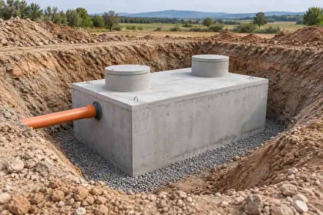 Kontrollü kazı alanına yerleştirilmiş sızdırmaz beton foseptik haznesi; temsili görsel
