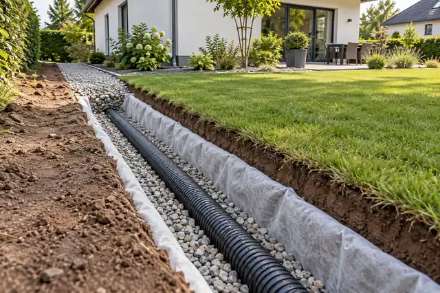 Villa bahçesindeki sığ hendekte geotekstil, çakıl yatağı ve drenaj borusunu gösteren temsili görsel